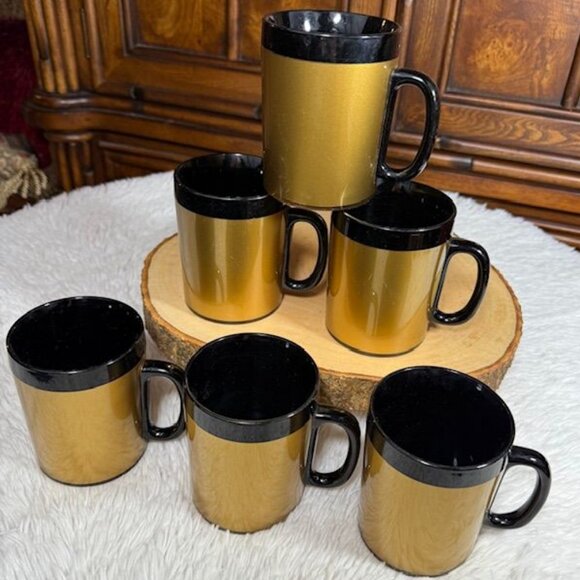 Vintage Set of 6 West Bend Thermo-Serv Gold Black Insulated Mugs Made in USA - Picture 2 of 8